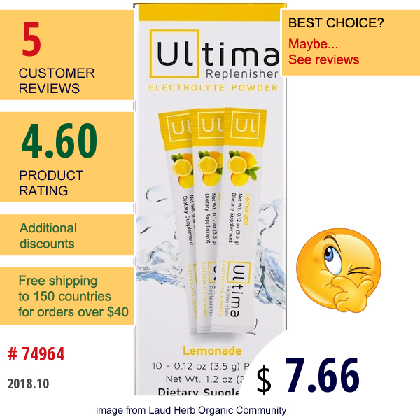 Ultima Health Products, Ultima Replenisher Electrolyte Powder, Lemonade, 10 Packets, 0.12 Oz (3.5 G) Each