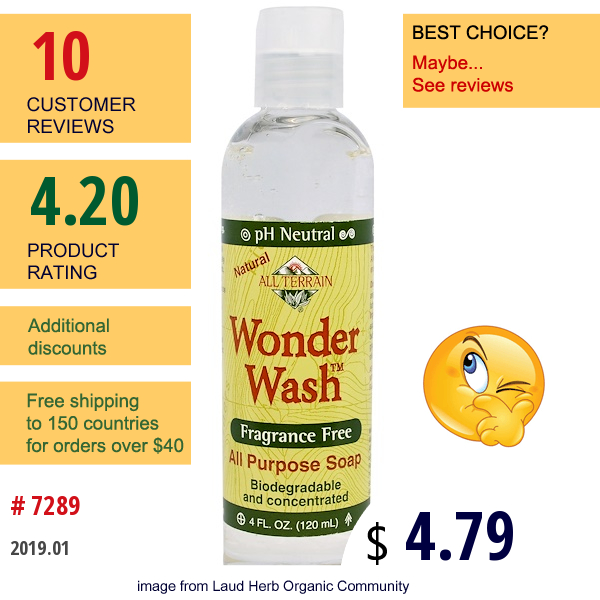 All Terrain, Wonder Wash, Fragrance Free, All Purpose Soap, 4 Fl Oz (118 Ml)  