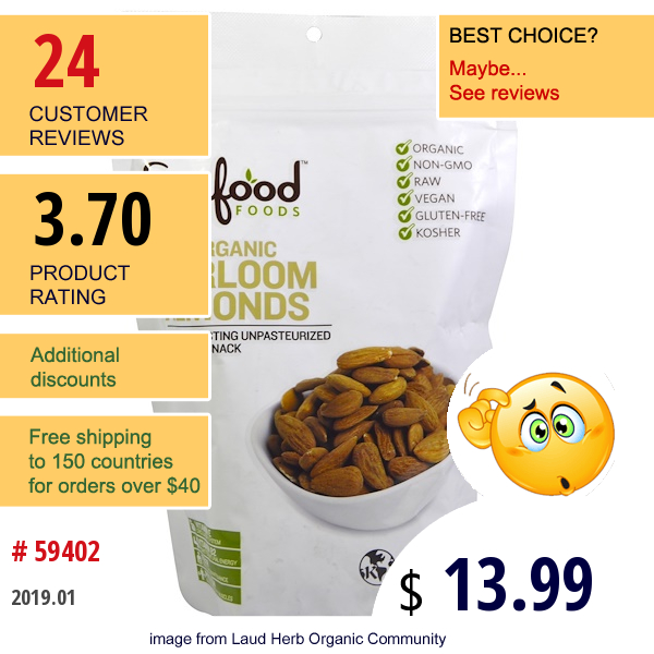 Sunfood, Raw Organic, Heirloom Almonds, 8 Oz (227 G)