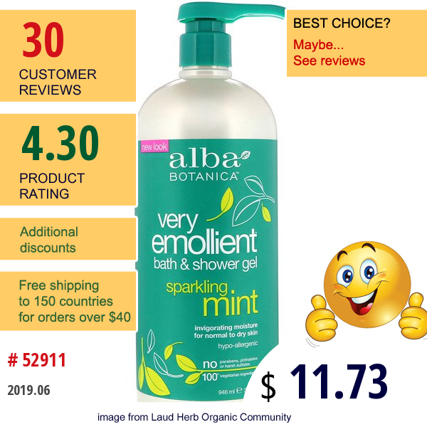 Alba Botanica, Very Emollient, Bath & Shower Gel, Sparkling Mint, 32 Fl Oz (946 Ml)