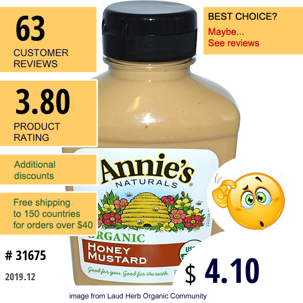 Annie'S Naturals, Organic, Honey Mustard, 9 Oz (255 G)  